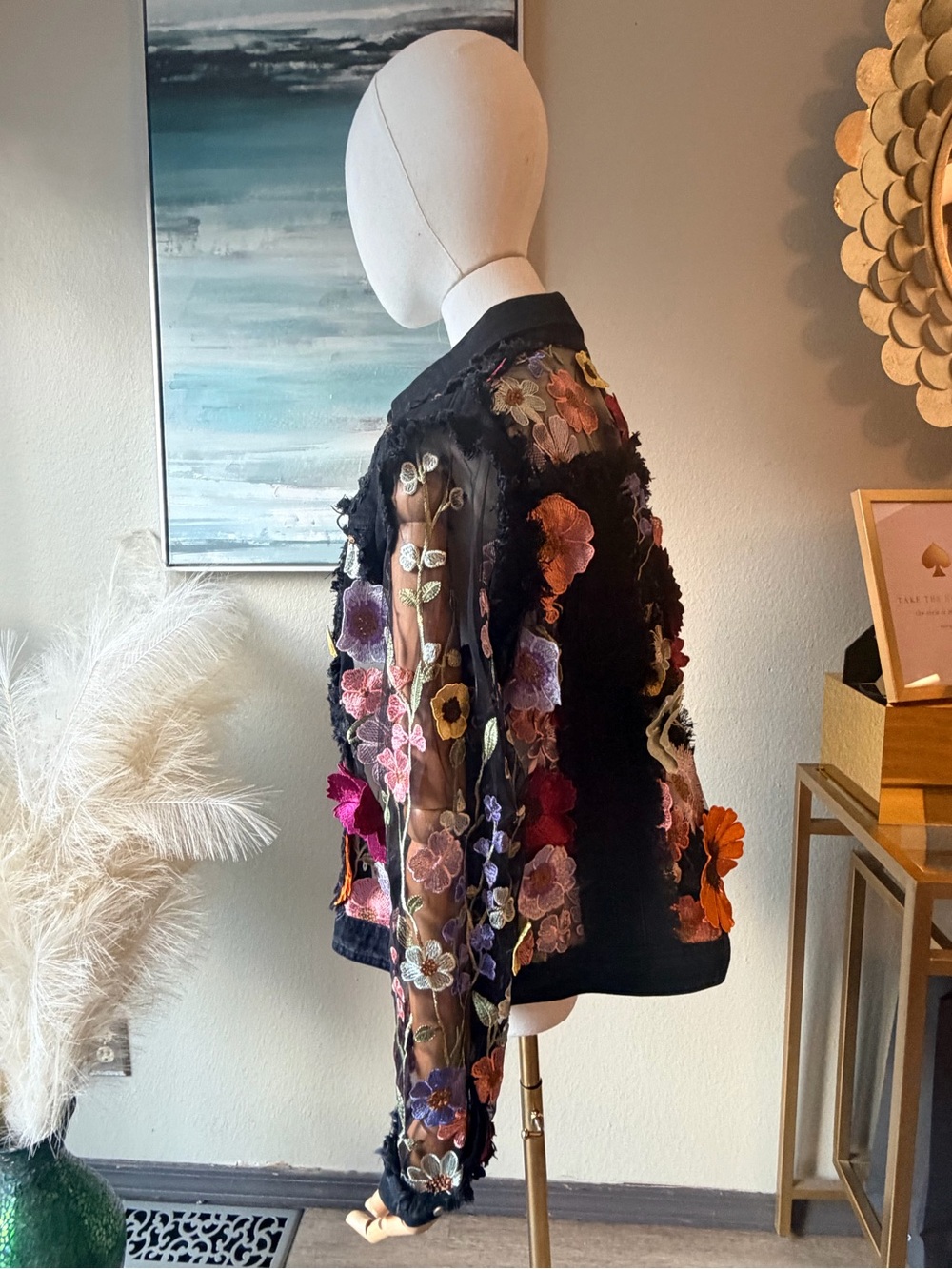 NWT Adore Large Black Floral Mesh Sleeve Denim Jacket Statement Piece NWT - Picture 4 of 13
